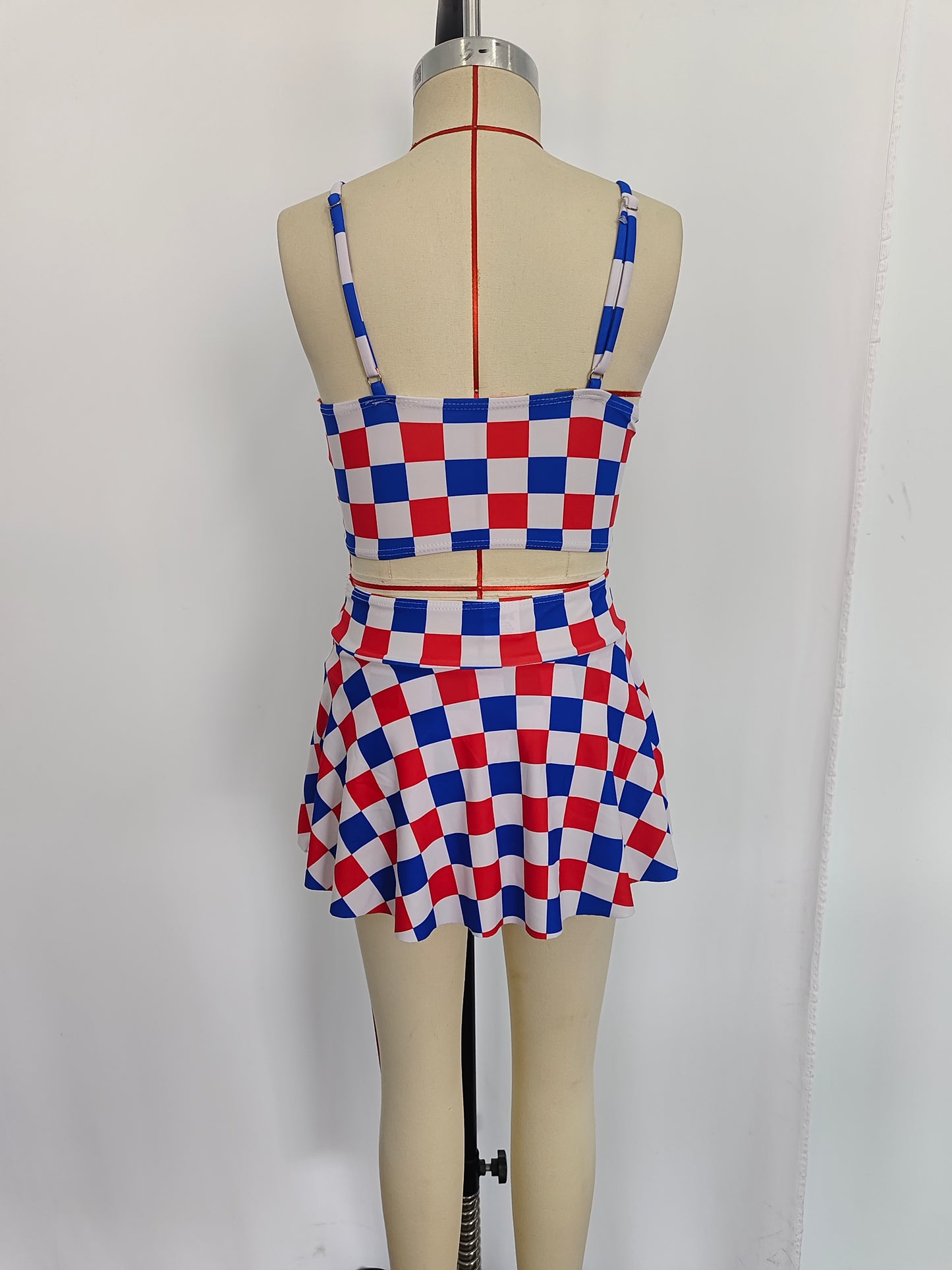 S0287 Blue Red Plaid Print Girls 2 Pieces 4th of July Swimsuits