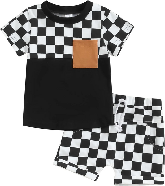(Custom Design Preorder MOQ 5) Black Plaid Print Boys Summer Clothes Set