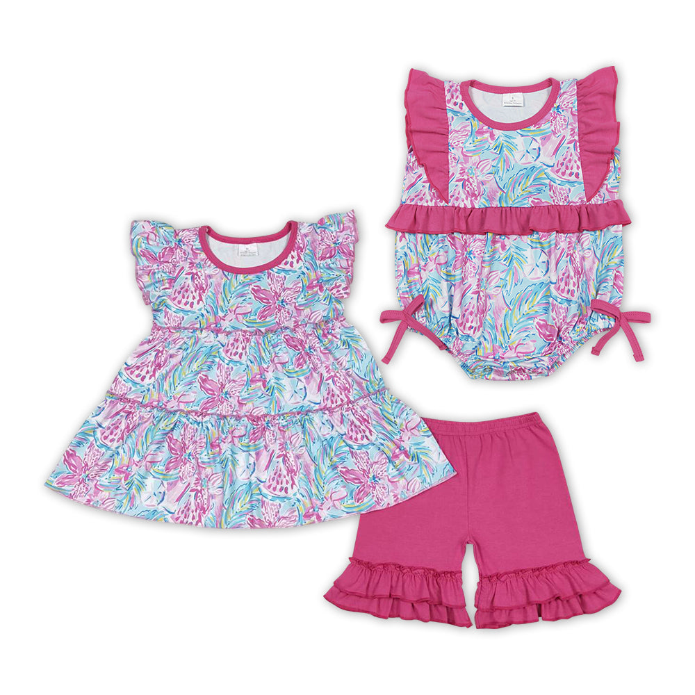 Hot Pink Flowers Print Sisters Summer Matching Clothes