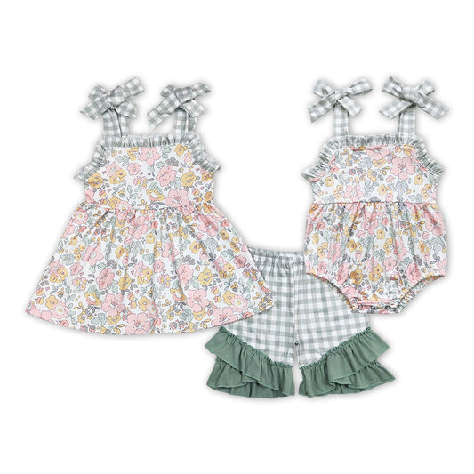 Pink Flowers Plaid Print Sisters Summer Matching Clothes