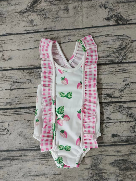 (Custom Design Preorder MOQ 5)  Strawberry Print Ruffles Girls 1 Piece Swimsuits