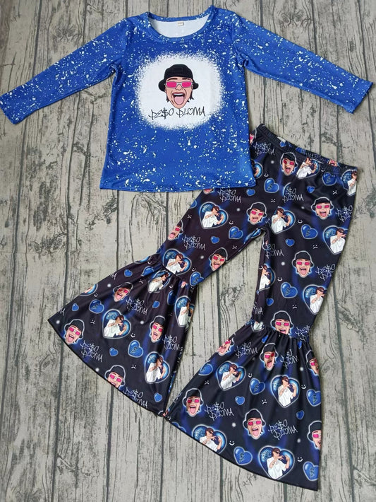 (Custom Design Preorder MOQ 5) Singer Design Blue Heart Bell Pants Girls Clothes Set