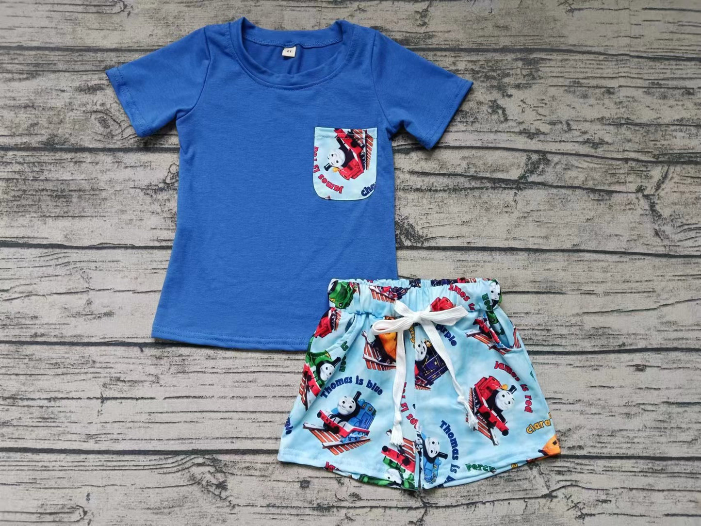 (Custom Design Preorder MOQ 3 ) Blue Pocket Top Cartoon Train Shorts Boys Summer Pajamas Clothes Set