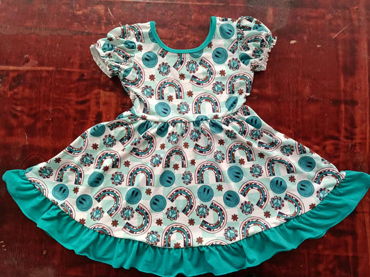 (Custom Design Preorder MOQ 5)  Green Rainbow Smiling Face Print Western Girls Knee Length Summer Dress