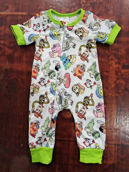 (Custom Design Preorder MOQ 5)  Cartoon Toys Print Baby Boys Summer Zipper Romper