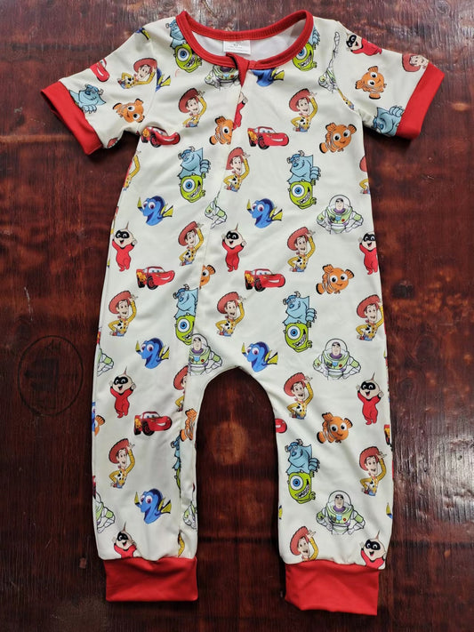 (Custom Design Preorder MOQ 5)  Cartoon Toys Print Baby Boys Summer Zipper Romper