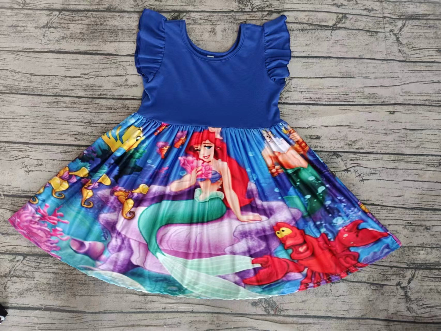 (Custom Design Preorder MOQ 5)  Cartoon Mermaid Print Girls Knee Length Summer Dress