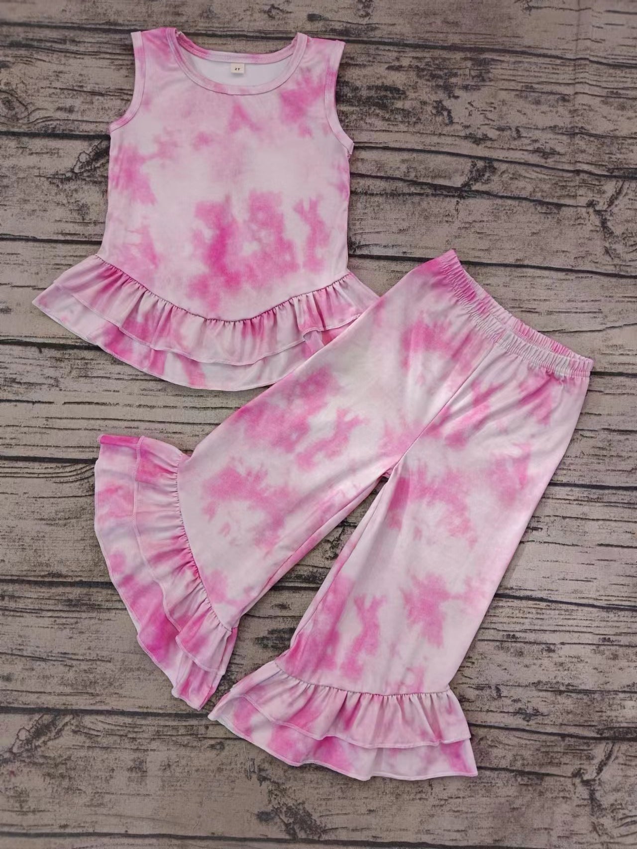 (Custom Design Preorder MOQ 5) Pink Tie-dye Ruffles Girls Clothes Set