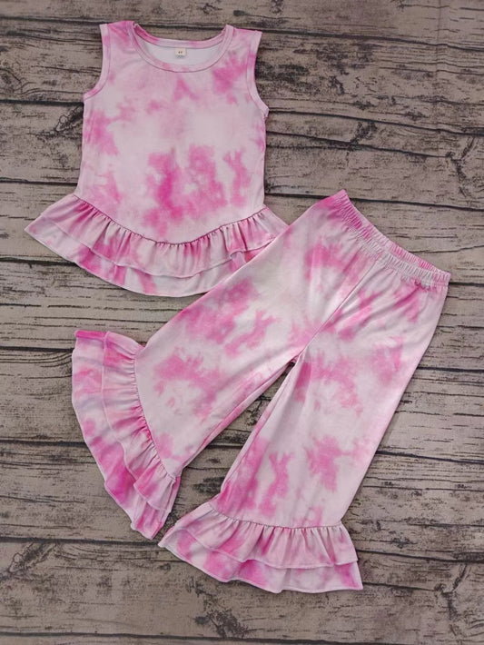 (Custom Design Preorder MOQ 5) Pink Tie-dye Ruffles Girls Clothes Set