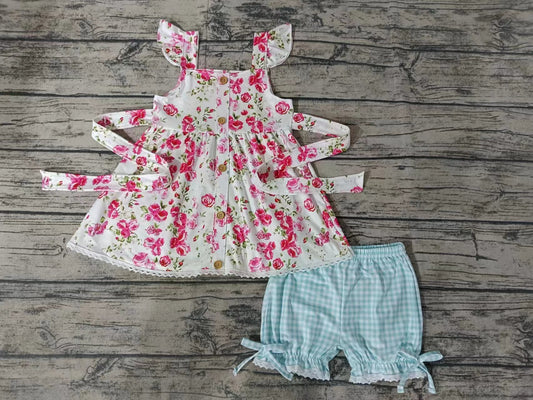 (Custom Design Preorder MOQ 5) Flowers Tunic Top Plaid Shorts Girls Summer Clothes Set