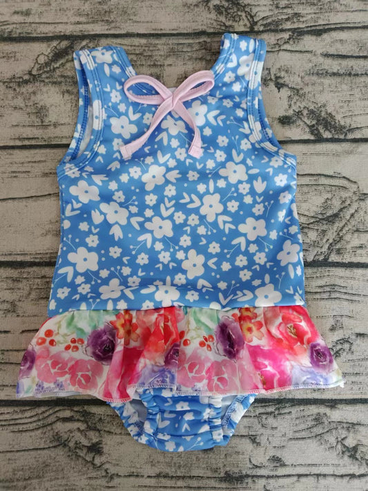 (Custom Design Preorder MOQ 5)  Blue Flowers Print Ruffle Girls 1 Piece Swimsuits