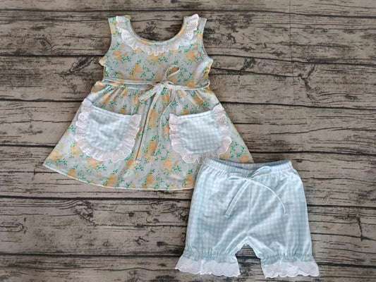 (Custom Design Preorder MOQ 5) Yellow Flowers Pocket Top Plaid Shorts Girls Summer Clothes Set