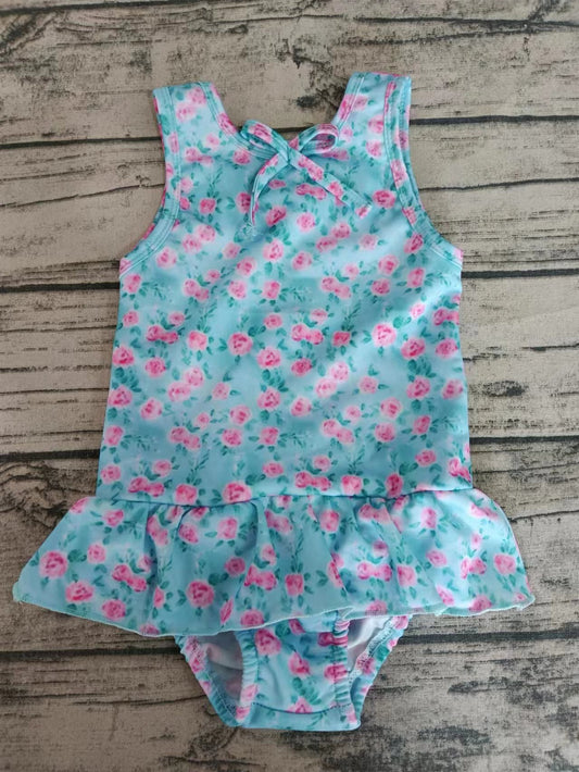 (Custom Design Preorder MOQ 5)  Blue Pink Flowers Print Ruffle Girls 1 Piece Swimsuits