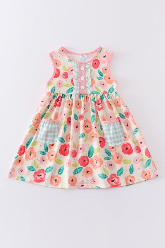 (Custom Design Preorder MOQ 5)  Flowers Print Pockets Girls Knee Length Summer Dress