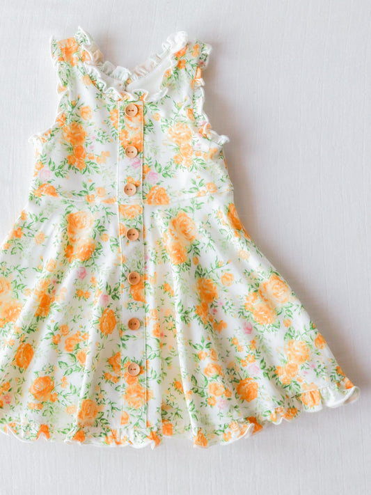 (Custom Design Preorder MOQ 5) Orange Flowers Print Girls Knee Length Summer Dress
