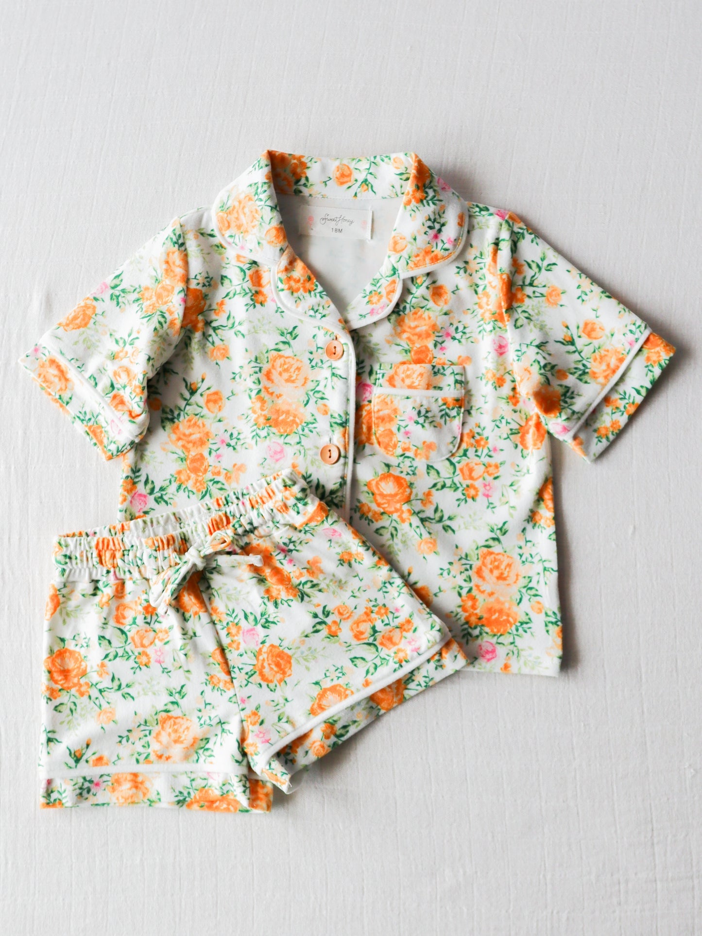 NO.1 (Custom Design Preorder MOQ 5) Orange Flowers Print Girls Summer Pajamas Clothes Set