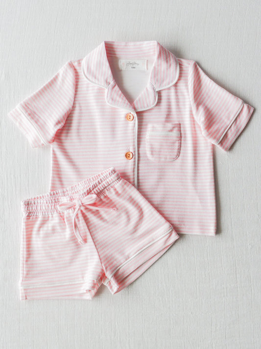 NO.3 (Custom Design Preorder MOQ 5) Pink Stripes Print Girls Summer Pajamas Clothes Set