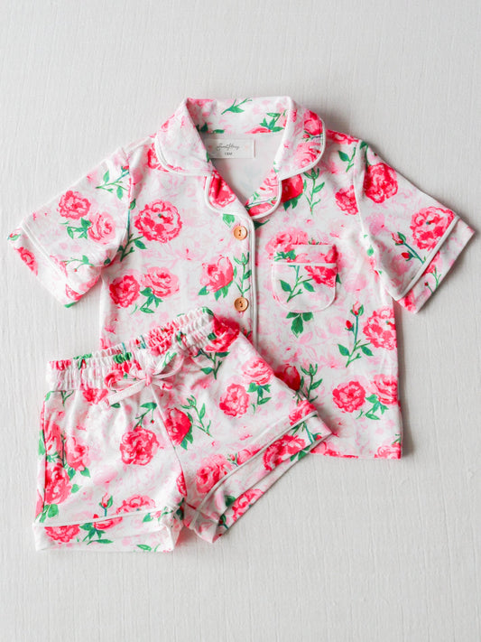 NO.5 (Custom Design Preorder MOQ 5) Pink Flowers Print Girls Summer Pajamas Clothes Set