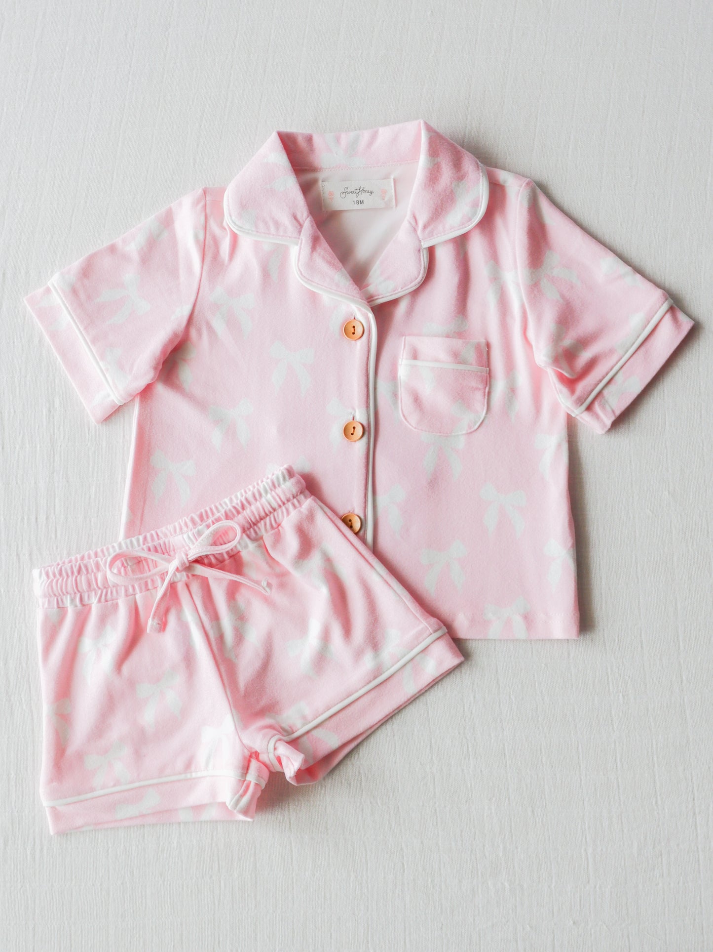 NO.8 (Custom Design Preorder MOQ 5) Pink Bows Print Girls Summer Pajamas Clothes Set