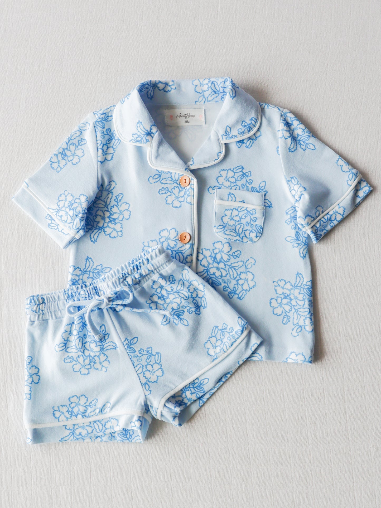 NO.9 (Custom Design Preorder MOQ 5) Blue Flowers Print Girls Summer Pajamas Clothes Set