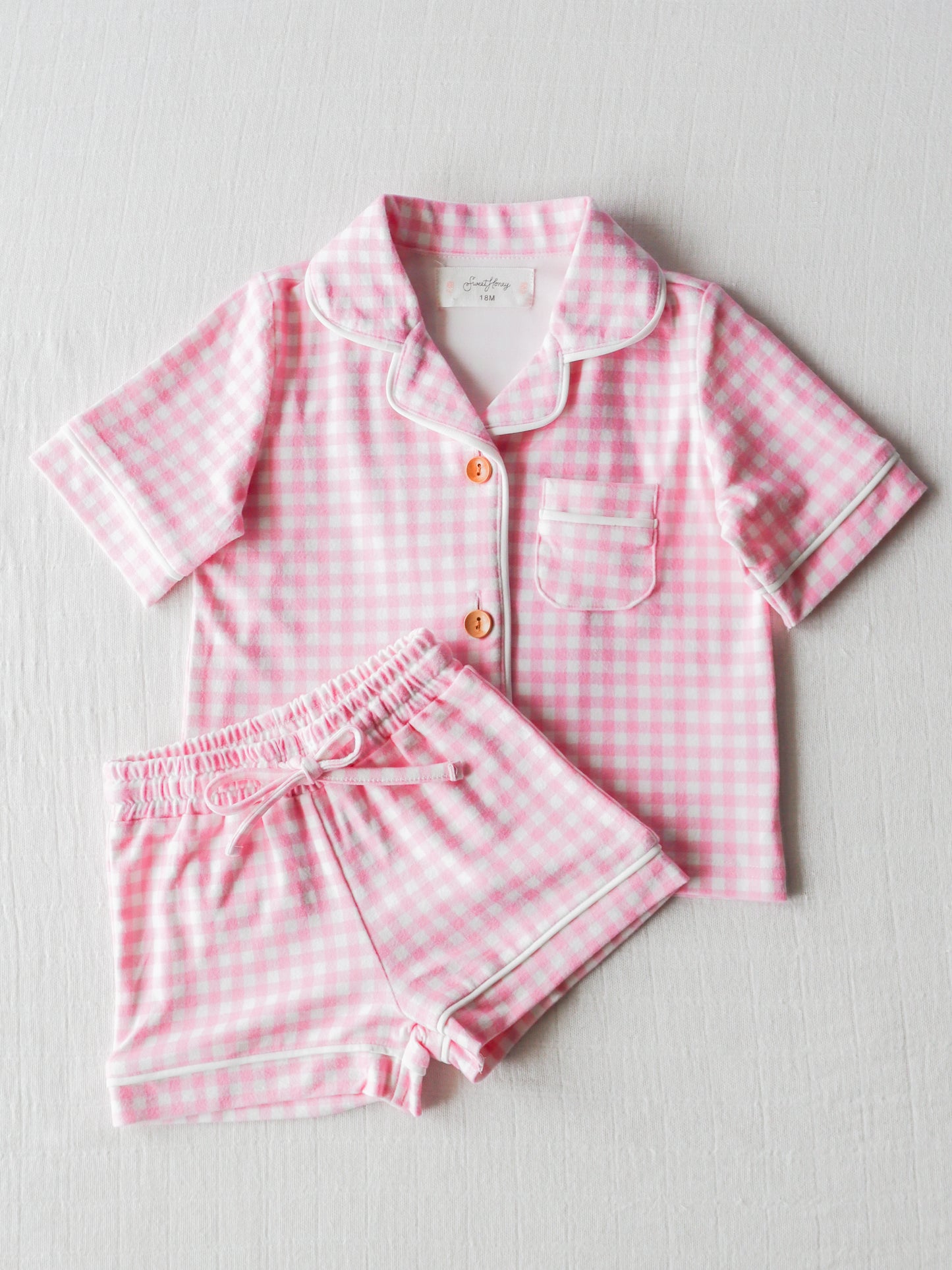 NO.11 (Custom Design Preorder MOQ 5) Pink Plaid Print Girls Summer Pajamas Clothes Set