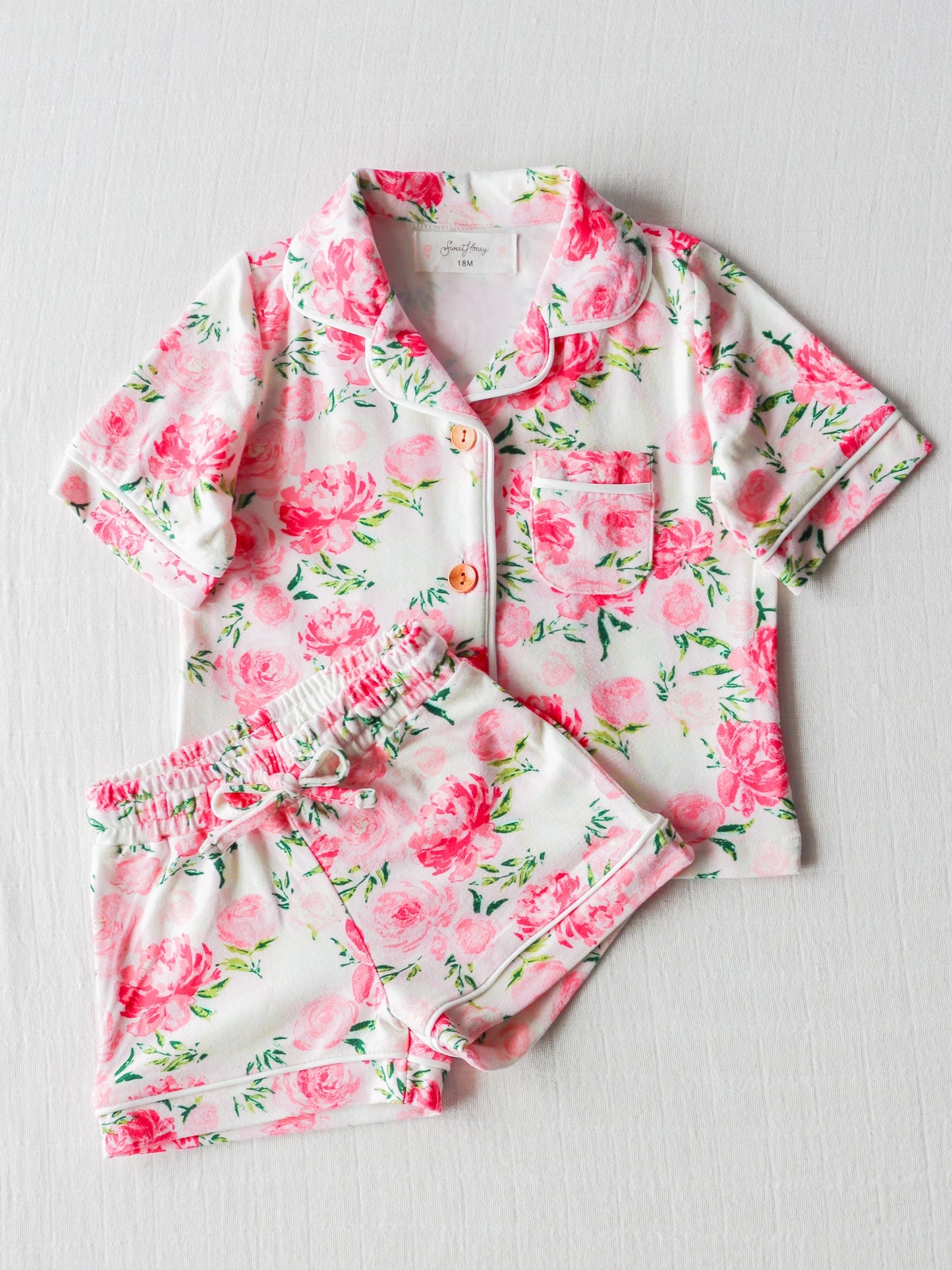 NO.13 (Custom Design Preorder MOQ 5) Pink Flowers Print Girls Summer Pajamas Clothes Set