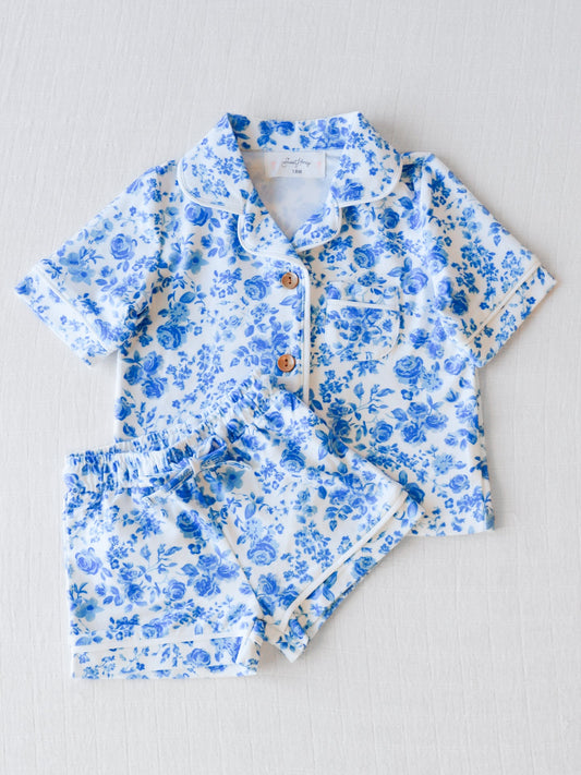 NO.14 (Custom Design Preorder MOQ 5) Blue Flowers Print Girls Summer Pajamas Clothes Set