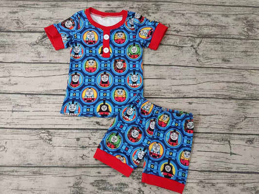 (Custom Design Preorder MOQ 5) Cartoon Train Blue Print Boys Summer Pajamas Clothes Set