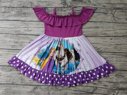 (Custom Design Preorder MOQ 5)  Purple Cartoon Princess Print Girls Knee Length Summer Dress