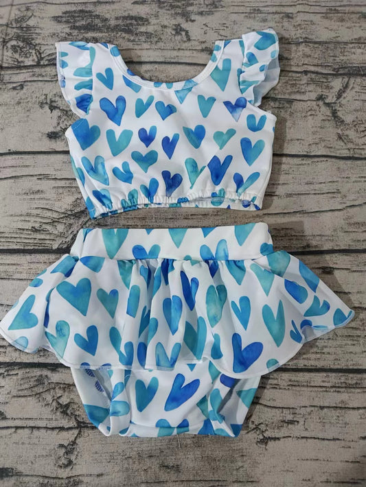 (Custom Design Preorder MOQ 5)  Blue Heart Print Girls 2 Pieces Swimsuits