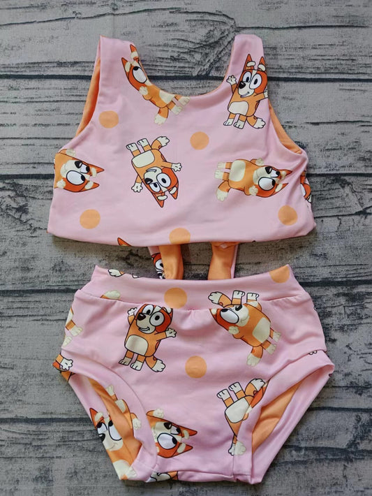 (Custom Design Preorder MOQ 5)  Orange Cartoon Dog Print Girls 2 Pieces Swimsuits