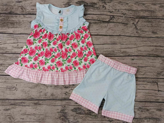 (Custom Design Preorder MOQ 5) Flowers Tunic Top Dots Shorts Girls Summer Clothes Set