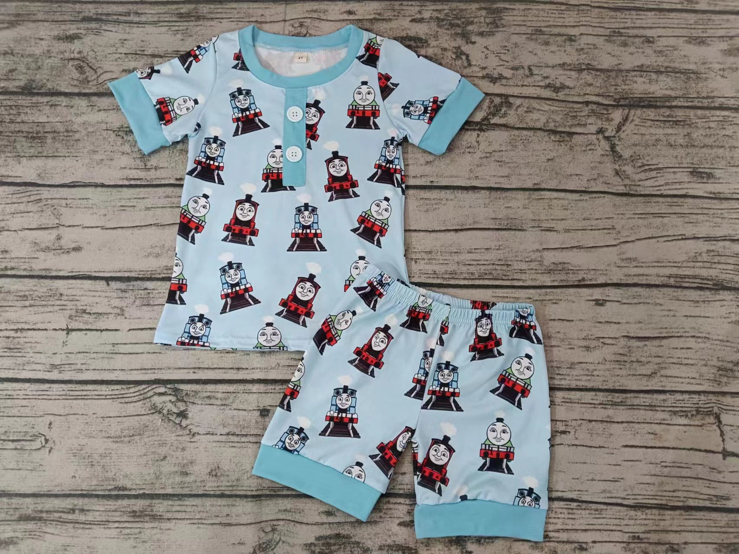 (Custom Design Preorder MOQ 5) Cartoon Train Print Boys Summer Pajamas Clothes Set