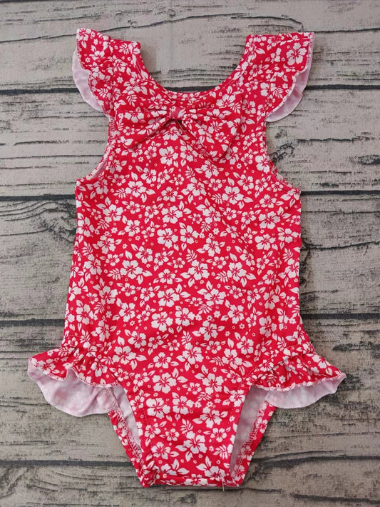 (Custom Design Preorder MOQ 5)  Red Flowers Print Ruffle Girls 1 Piece Swimsuits
