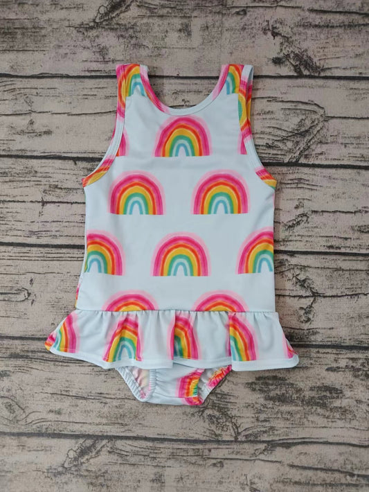(Custom Design Preorder MOQ 5)  Rainbow Print Ruffle Girls 1 Piece Swimsuits