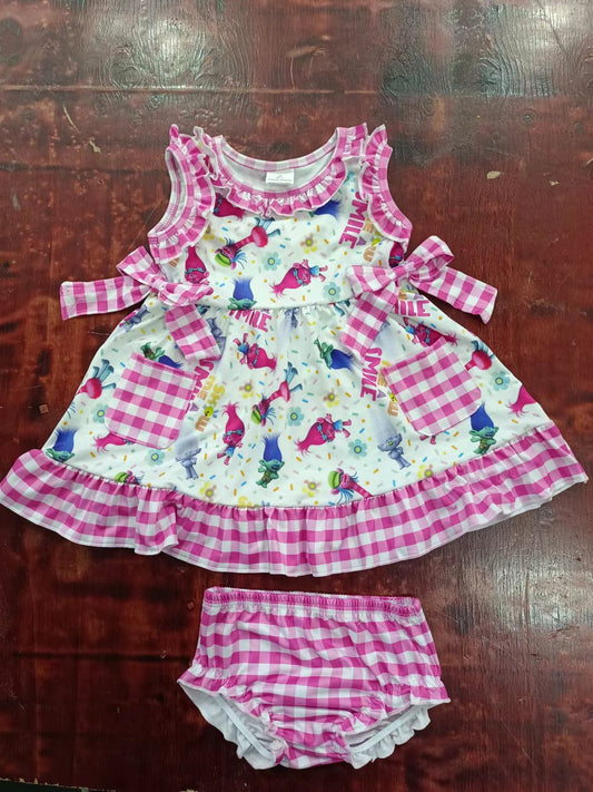 (Custom Design Preorder MOQ 5) Cartoon Monster Flowers Print Baby Girls Summer Bummie Sets