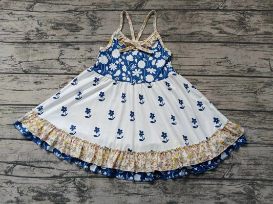 (Custom Design Preorder MOQ 5)  Blue Flowers Print Girls Knee Length Summer Dress