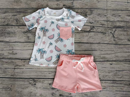 (Custom Design Preorder MOQ 5) Coconut Tree Watermelon Pocket Top Pink Shorts Girls Summer Clothes Set