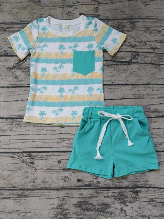(Custom Design Preorder MOQ 5) Coconut Tree Pocket Top Blue Shorts Boys Summer Clothes Set