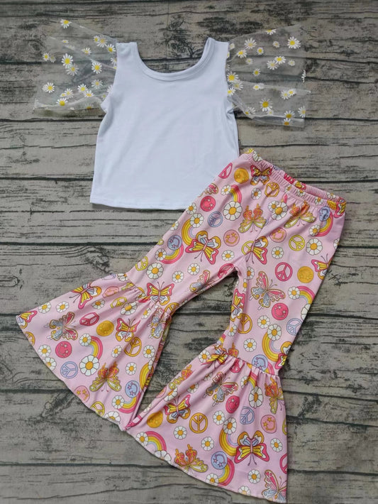 (Custom Design Preorder MOQ 5) White Top Butterfly Flowers Rainbow Bell Pants Girls Clothes Set