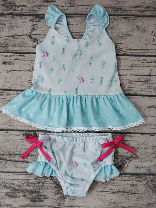 (Custom Design Preorder MOQ 5)  Mermaid Print Girls 2 Pieces Swimsuits