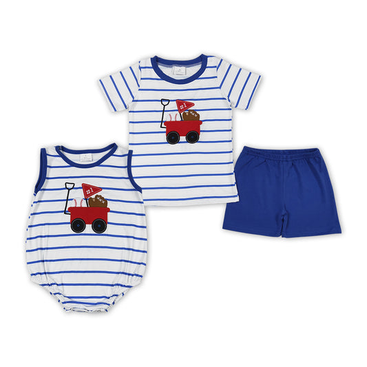 Baseball Truck Embroidery Blue Stripes Print Brothers Summer Matching Clothes