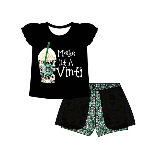 (Custom Design Preorder MOQ 5) Coffee Print Girls Summer Clothes Set