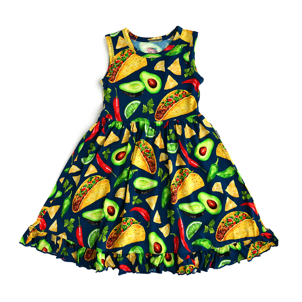 (Custom Design Preorder MOQ 5)  Taco Fruits Vegetables Print Girls Knee Length Summer Dress