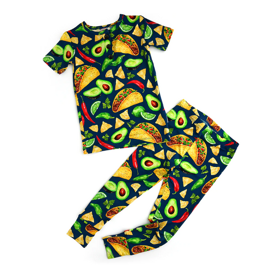(Custom Design Preorder MOQ 5) Taco Fruits Vegetables Print Kids Pajamas Clothes Set