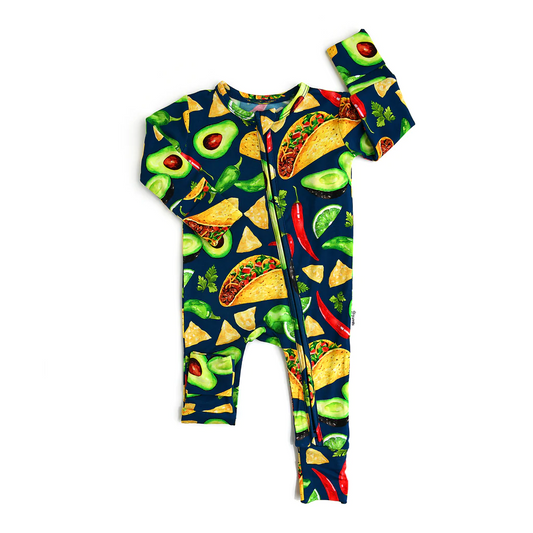 (Custom Design Preorder MOQ 5) Taco Fruits Vegetables Print Baby Summer Zipper Romper