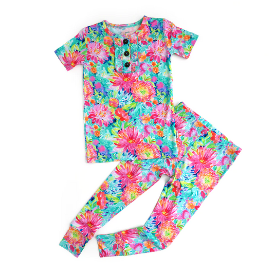 (Custom Design Preorder MOQ 5) Colorful Flowers Print Girls Pajamas Clothes Set