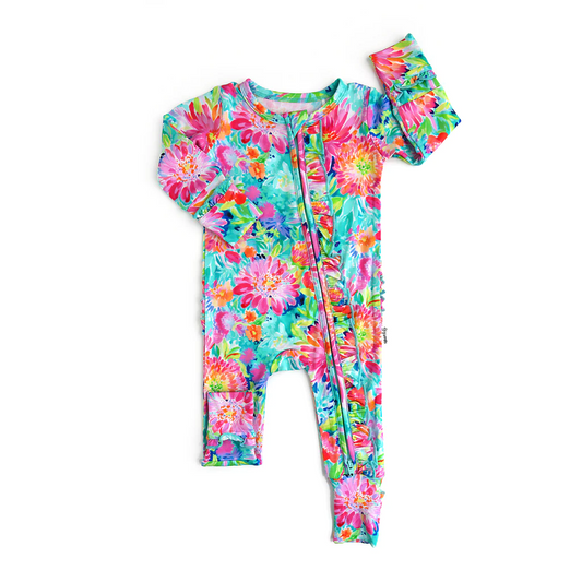 (Custom Design Preorder MOQ 5) Colorful Flowers Print Baby Girls Summer Zipper Romper