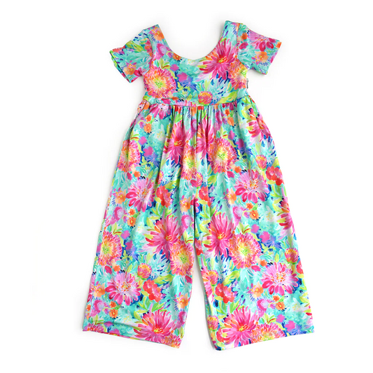 (Custom Design Preorder MOQ 5)  Colorful Flowers Print Girls Summer Jumsuits