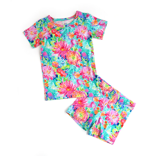 (Custom Design Preorder MOQ 5) Colorful Flowers Print Girls Summer Pajamas Clothes Set